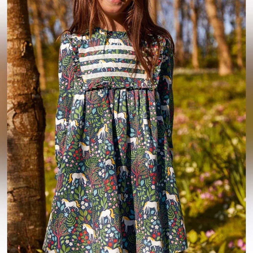 Mini Boden Nostalgic Ruffle Unicorn Forest Dress Size 3-4Y Navy Magical Cute